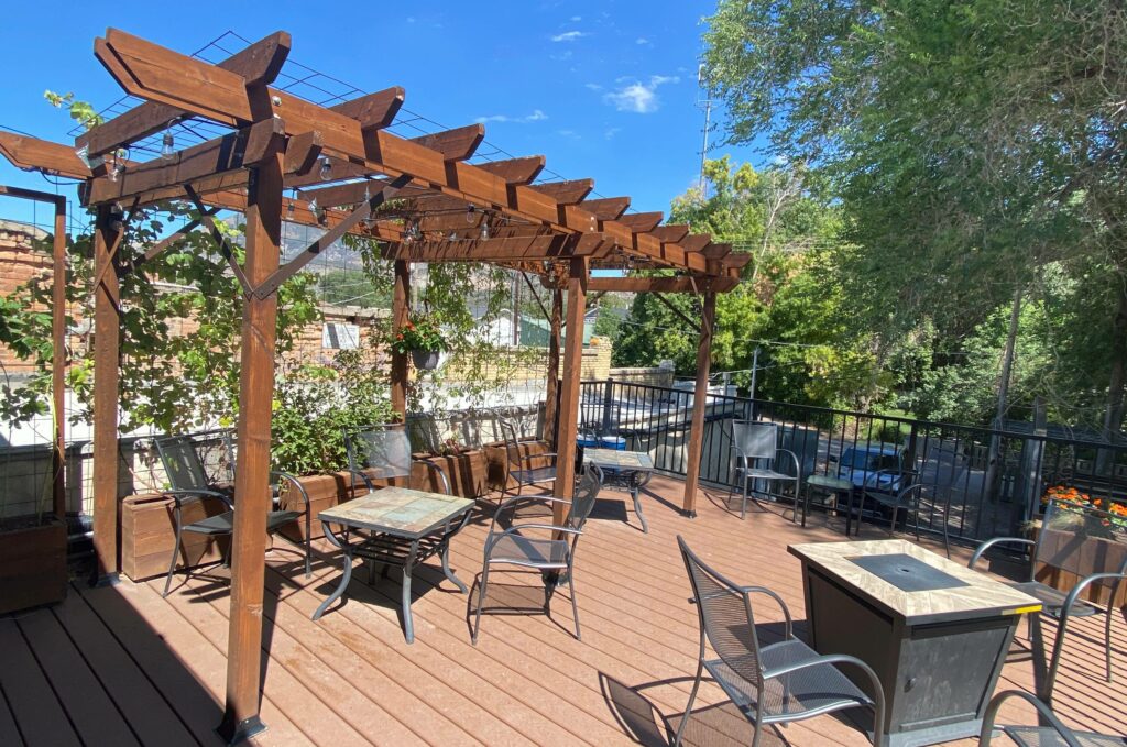 Relaxing outdoor deck at The Haven Coffee House in Nephi Utah for road trip travelers