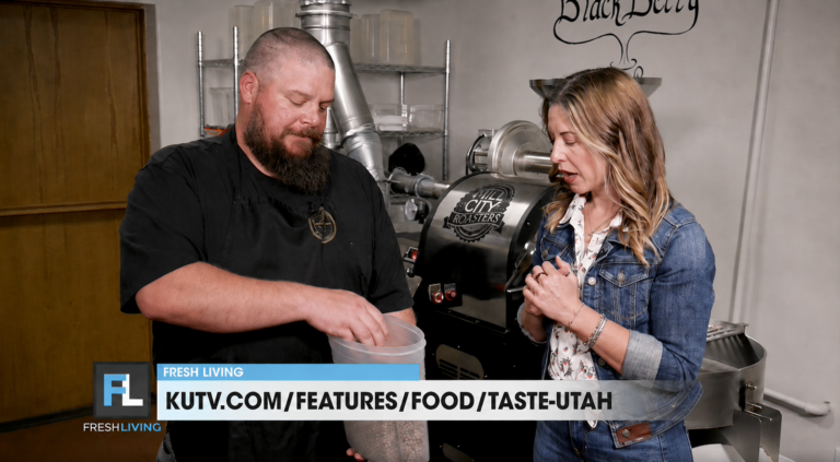 Tony demonstrating Haven's in-house roasting during a KUTV Fresh Living visit