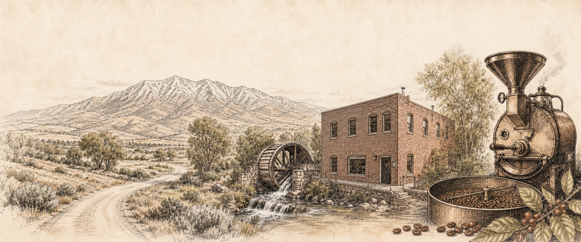 Illustrated Utah landscape with Mount Nebo, Haven Coffee House, the Old Mill water wheel, and a traditional coffee roaster