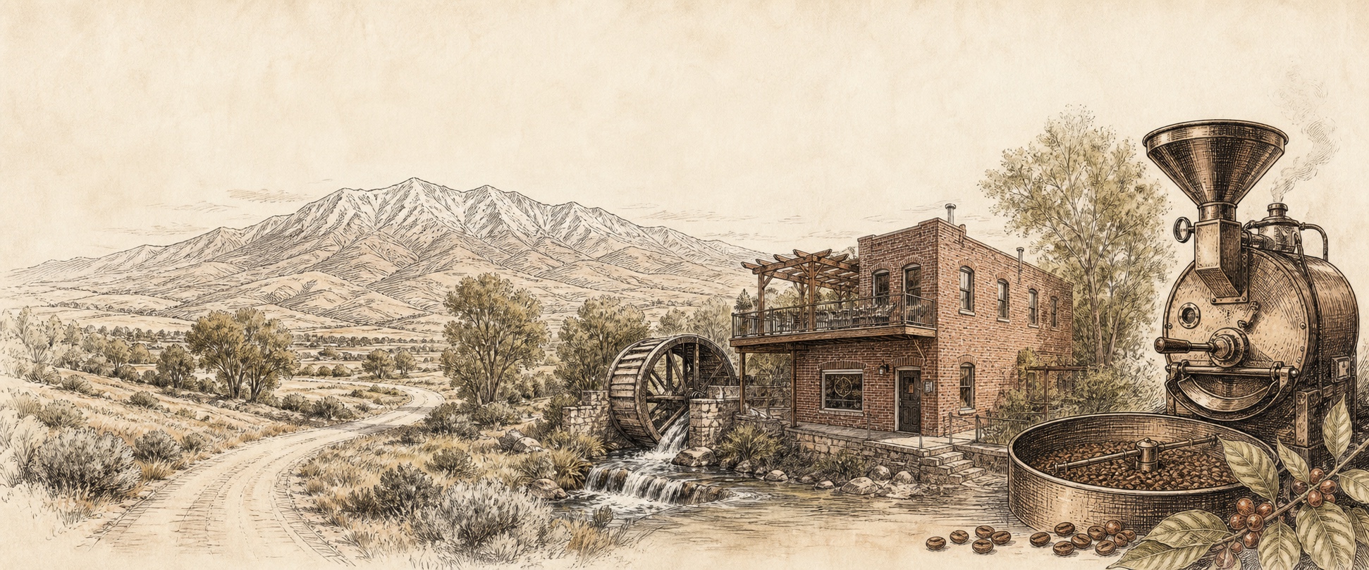 Illustrated Utah landscape with Mount Nebo, Haven Coffee House, the Old Mill water wheel, and a traditional coffee roaster