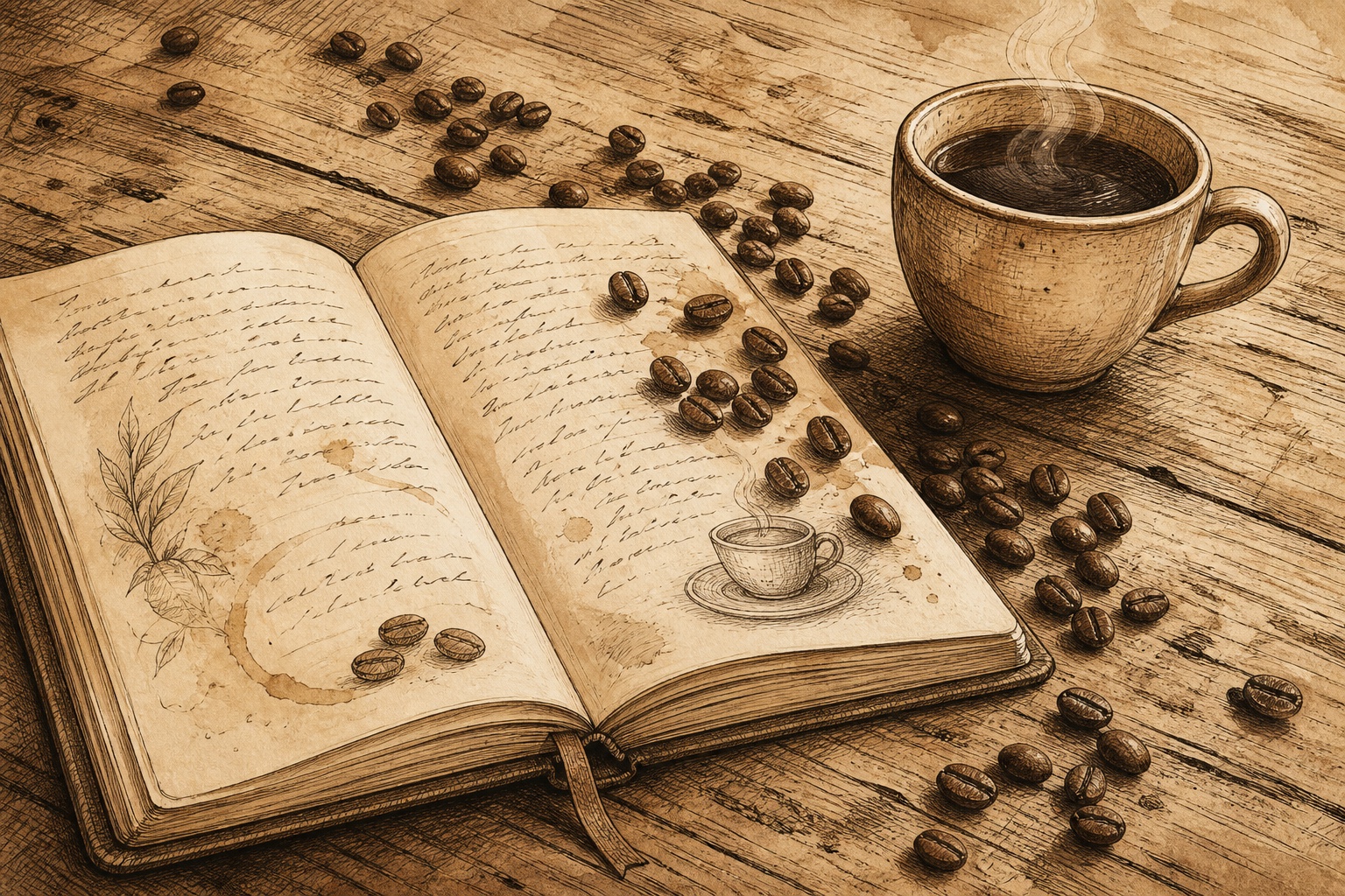 Sepia pen-and-ink illustration of an open coffee journal, scattered roasted beans, and a steaming ceramic cup on a wooden table