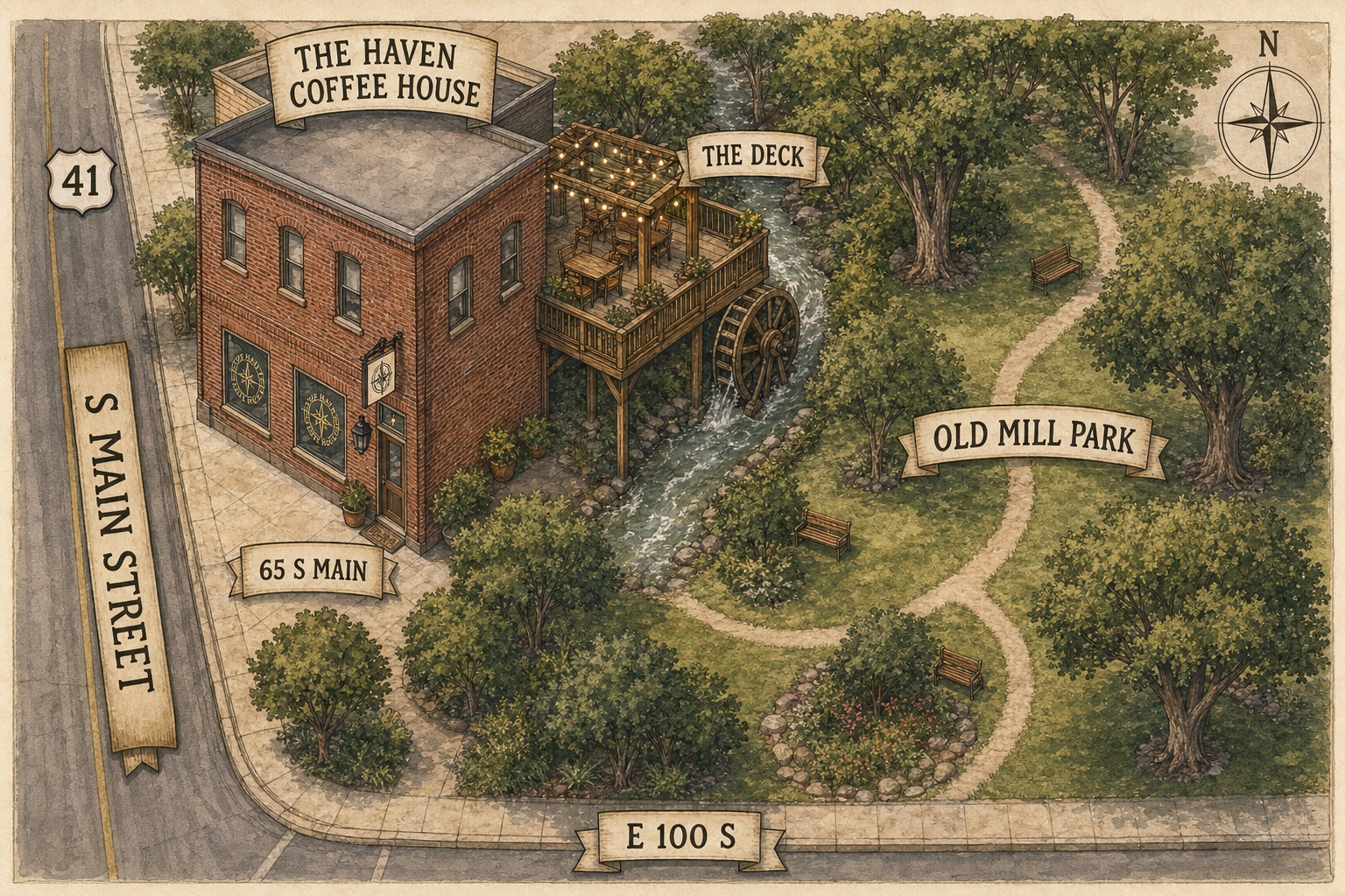 Illustrated guide showing Haven Coffee House on South Main Street, the deck behind it, and Old Mill Park beside the creek