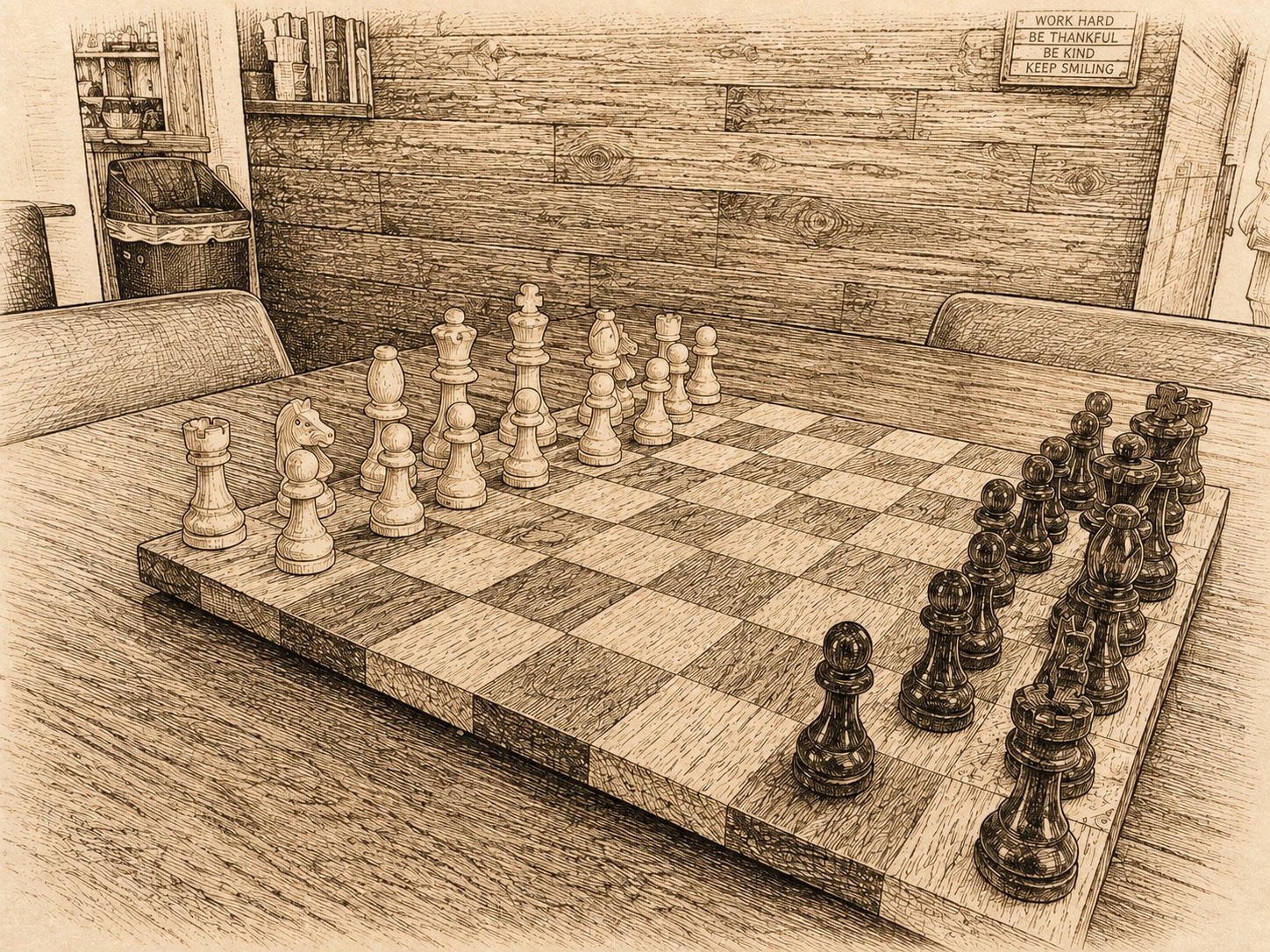 Pen-and-ink close-up of a chess game ready to begin on an upstairs table at Haven Coffee House