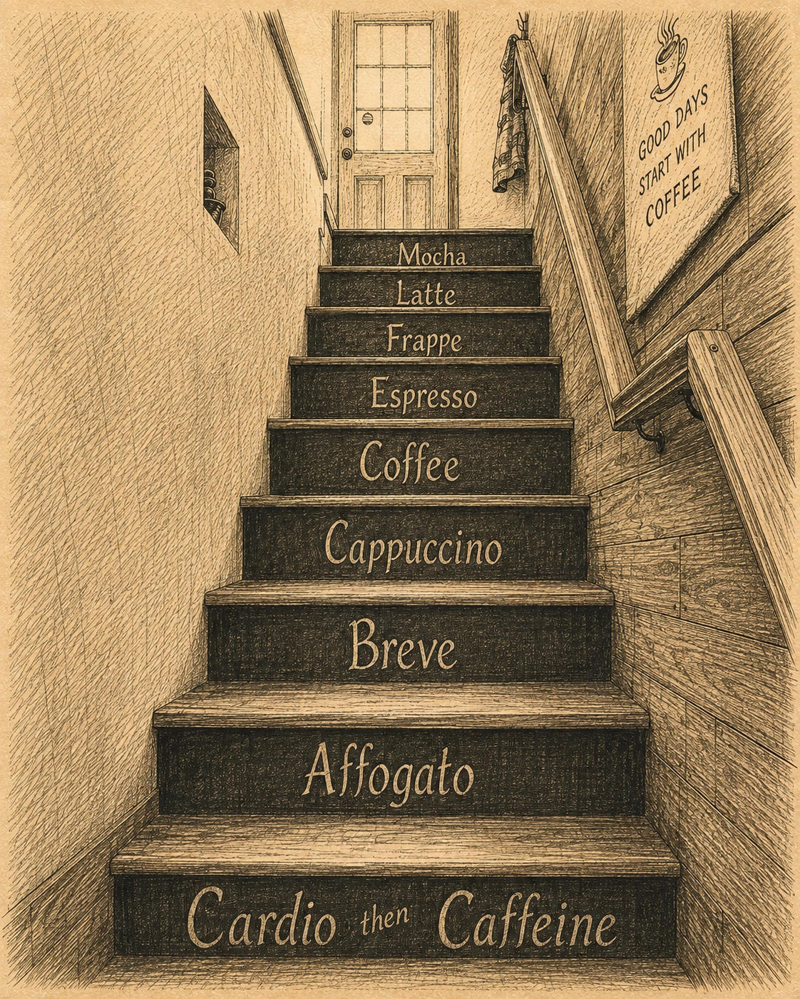 Pen-and-ink view of Haven’s coffee-word staircase leading from the Main Street entrance up to the coffee shop