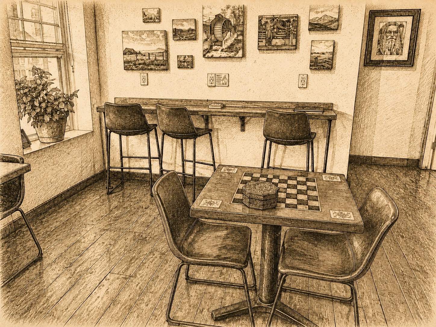Pen-and-ink view of Haven’s upstairs seating room with a game table, counter stools, wall art, and plants