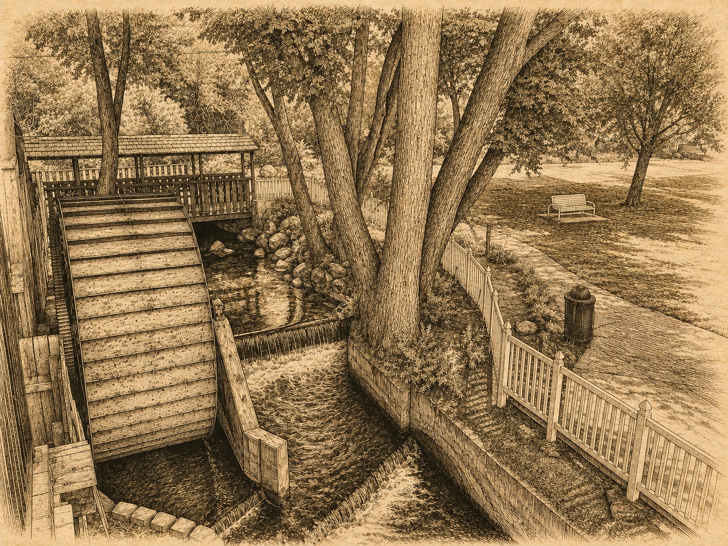 Pen-and-ink view from upstairs at Haven toward the Old Mill Park water wheel, creek, bridge, and lawn