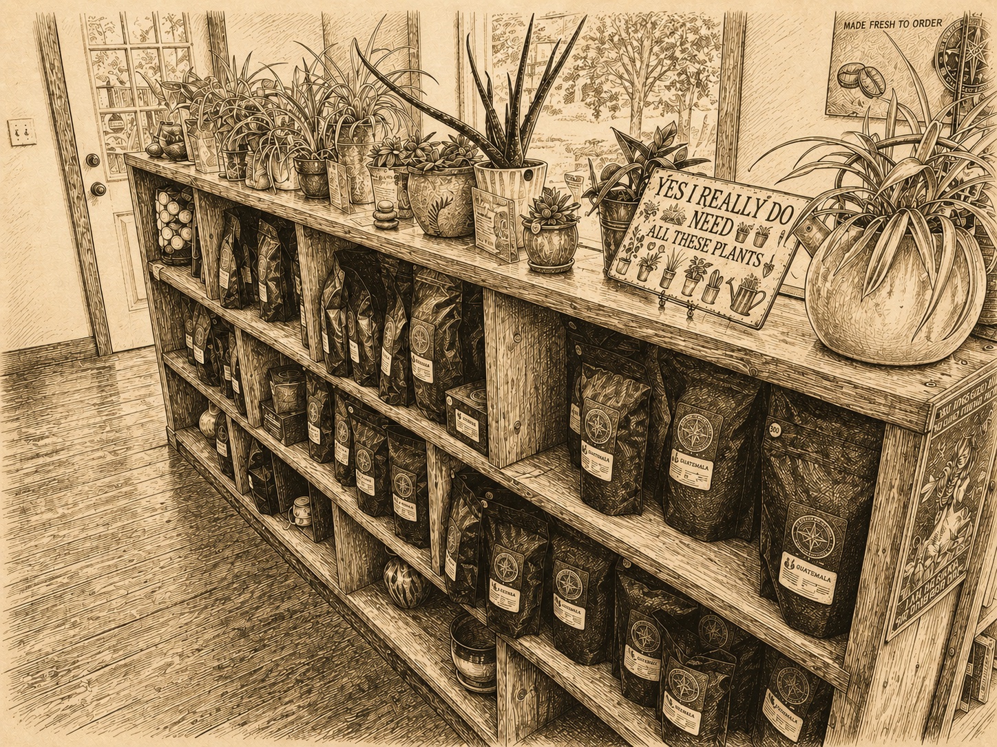 Pen-and-ink view of potted plants and packaged Haven coffee displayed together upstairs