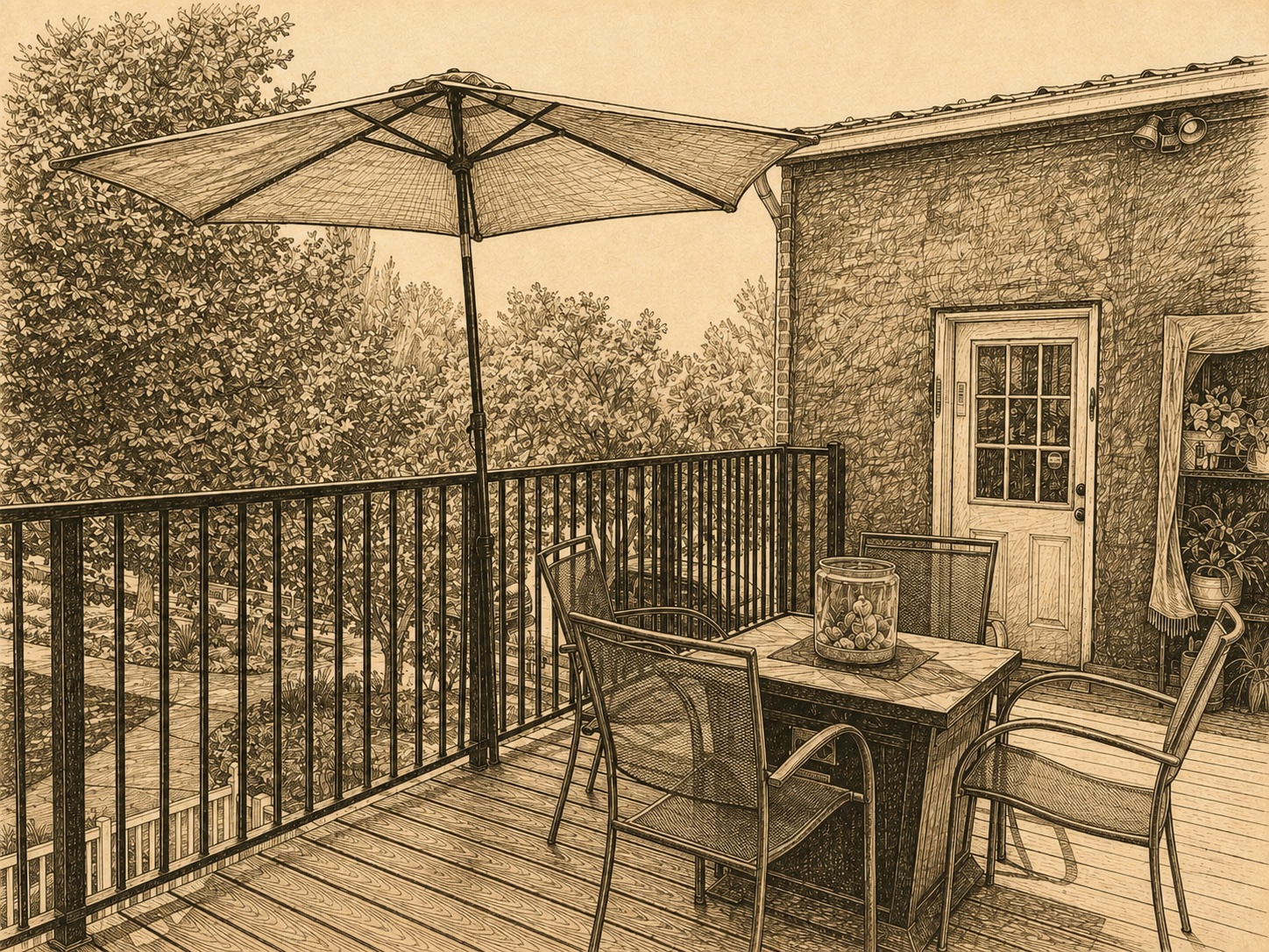 Pen-and-ink view of Haven’s second-floor deck with an umbrella, table, chairs, and upstairs door