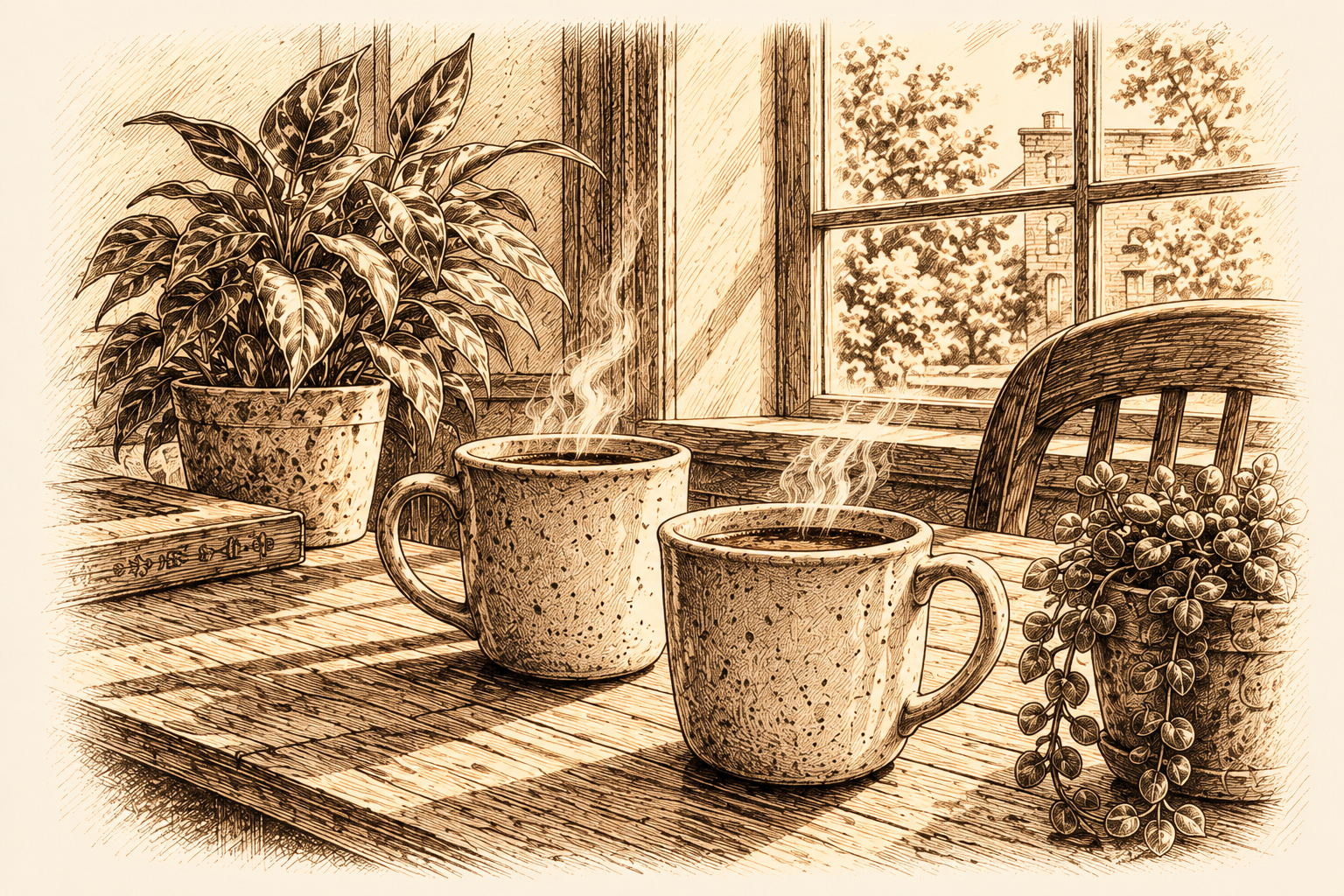 Sepia illustration of two steaming coffee mugs on a wooden table beside plants and a sunlit window